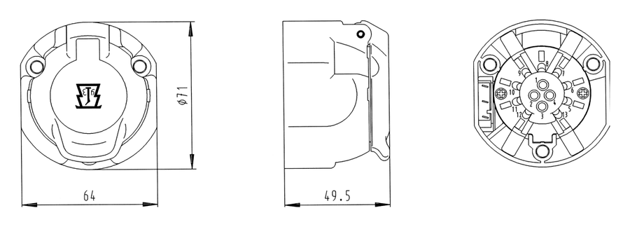 Matching socket: 13P/12V Socket (ISO 11446)