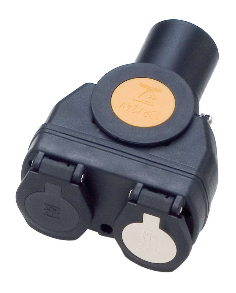 Matching adapter: Short adapter - with 13P/24V plug (sim. ISO 12098) and 2x 7P/24V socket (ISO 1185 + ISO 3731)