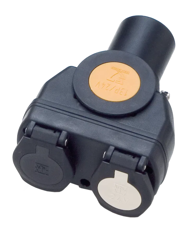 Matching adapter: Short adapter - with 13P/24V plug (sim. ISO 12098) and 2x 7P/24V socket (ISO 1185 + ISO 3731)