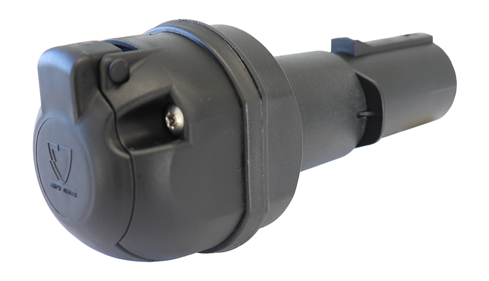 Matching adapter: Adapter / Voltage Reducer 24V > 12V - - Connects 7P/24V socket (ISO 1185) on vehicle side with 7P/12V plug (ISO 1724) on trailer side