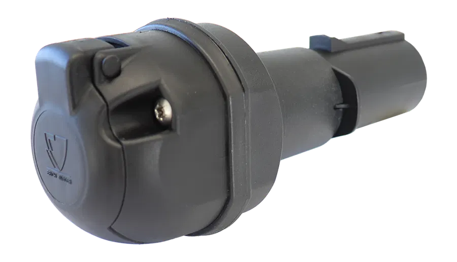 Matching adapter: Adapter / Voltage Reducer 24V > 12V - - Connects 7P/24V socket (ISO 1185) on vehicle side with 7P/12V plug (ISO 1724) on trailer side