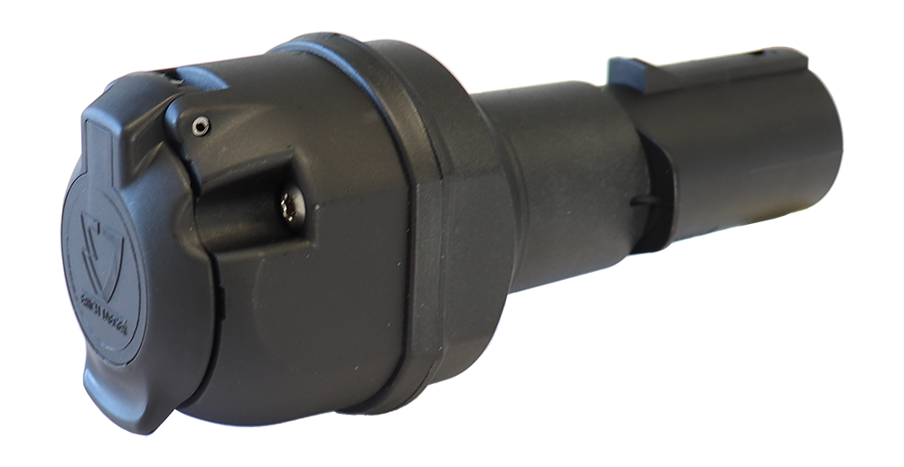 Matching adapter: Adapter / Voltage Reducer 24V > 12V - - Connects 7P/24V socket (ISO 1185) on vehicle side with 13P/12V plug (ISO 11446) on trailer side
