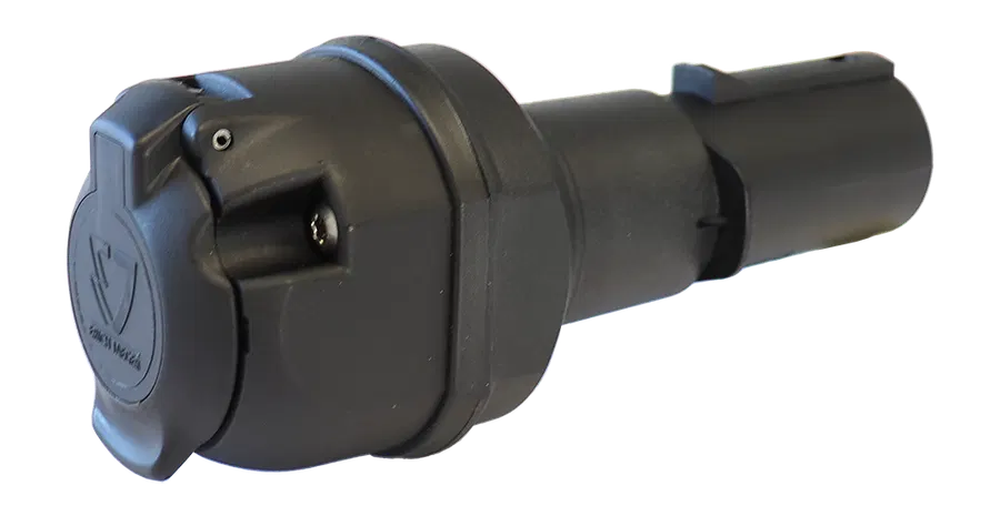 Matching adapter: Adapter / Voltage Reducer 24V > 12V - - Connects 7P/24V socket (ISO 1185) on vehicle side with 13P/12V plug (ISO 11446) on trailer side