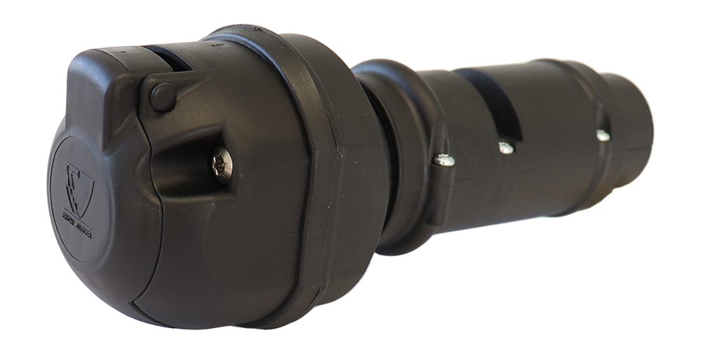 Matching adapter: Adapter / Voltage Reducer 24V > 12V - - connects 7P/24V socket (ISO 1724 - connected with 24V) on vehicle side to 7P/12V plug (ISO 1724) on trailer side