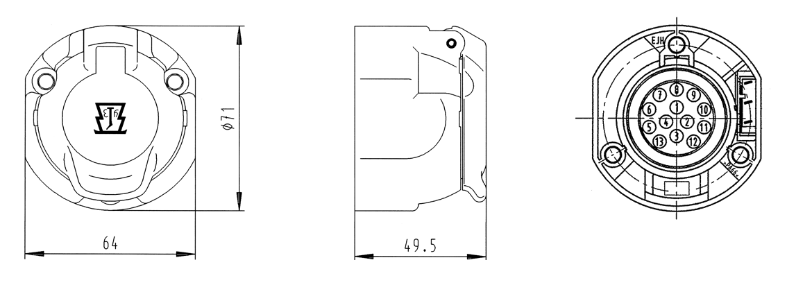Matching socket: 13P/12V socket housing (ISO 11446)