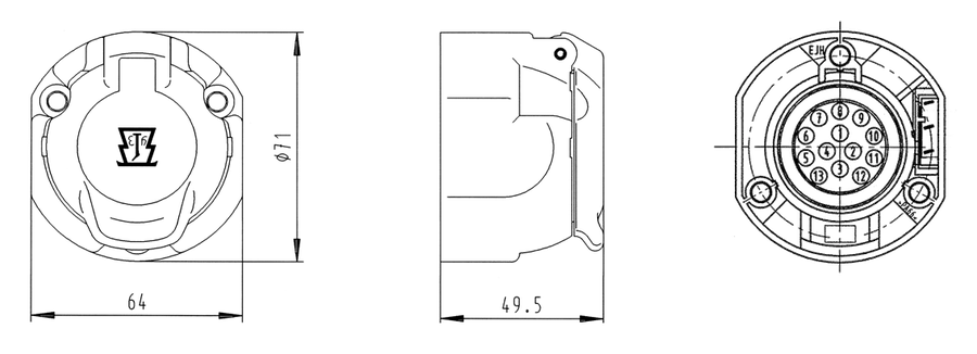 Matching socket: 13P/12V socket housing (ISO 11446)