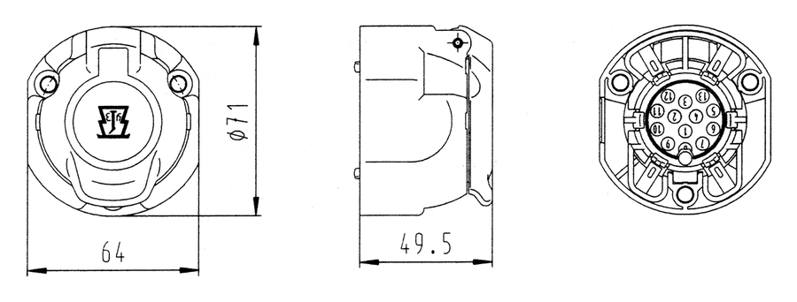 Matching socket: 13P/12V socket housing (ISO 11446)