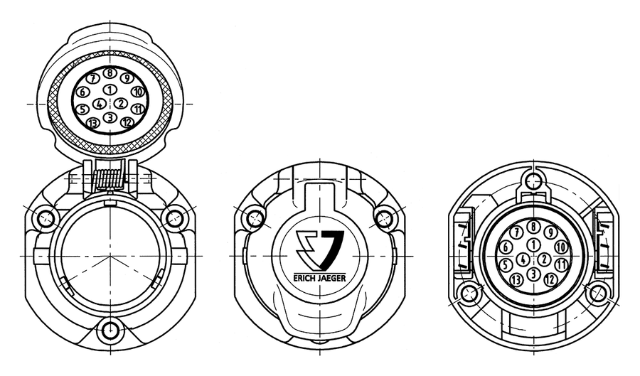 Matching socket: 13P/12V socket housing (ISO 11446)